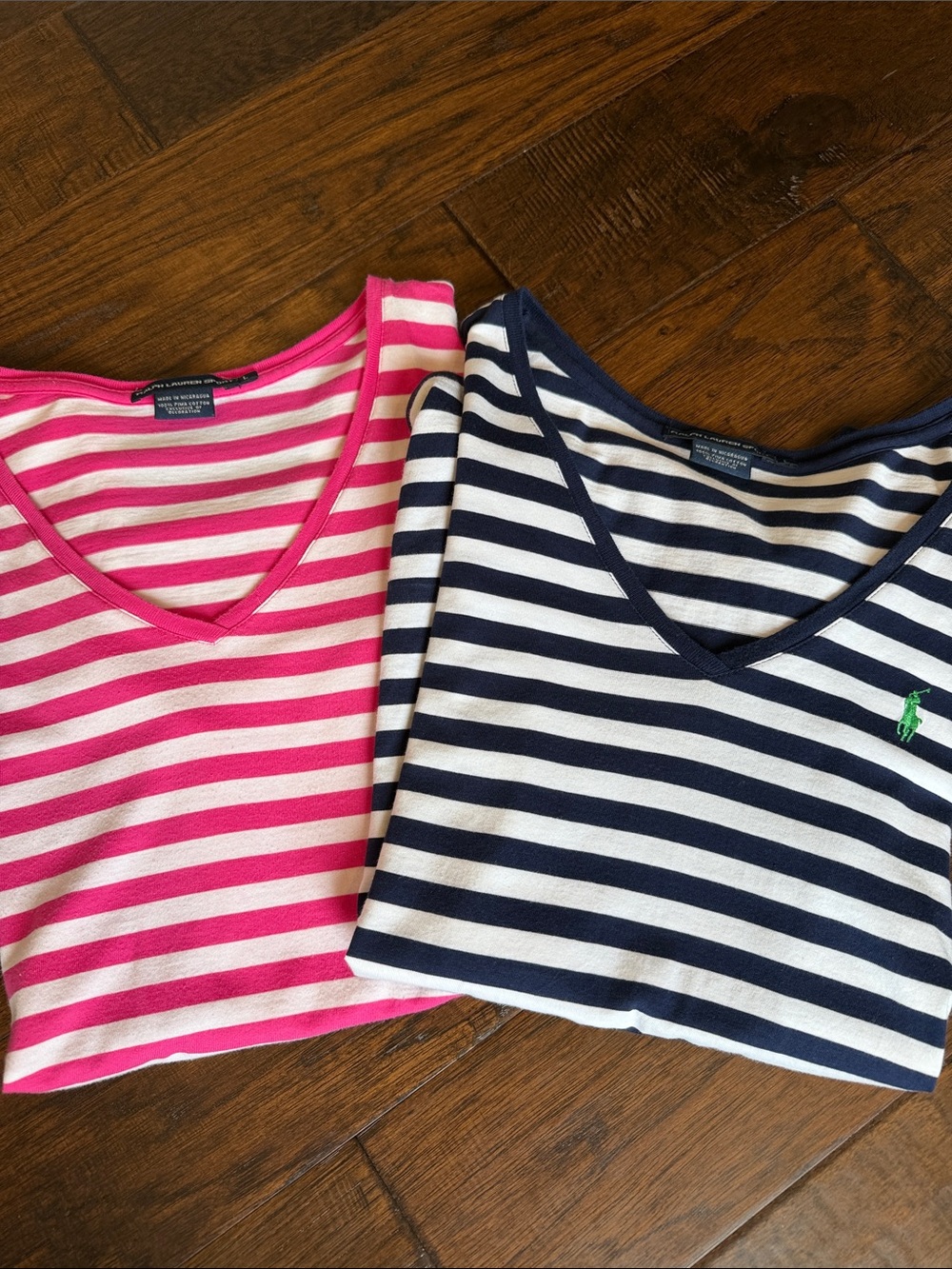 Women’s Ralph Lauren Striped V-Neck Tees in Pink & Navy Stripe